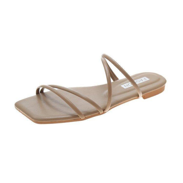 Летние тапочки с квадратной головкой, женские сандалии на плоской подошве, конфетного цвета, корейская версия 2024 года, римские сандалии, женские, новая мода, плоская подошва 2024 года