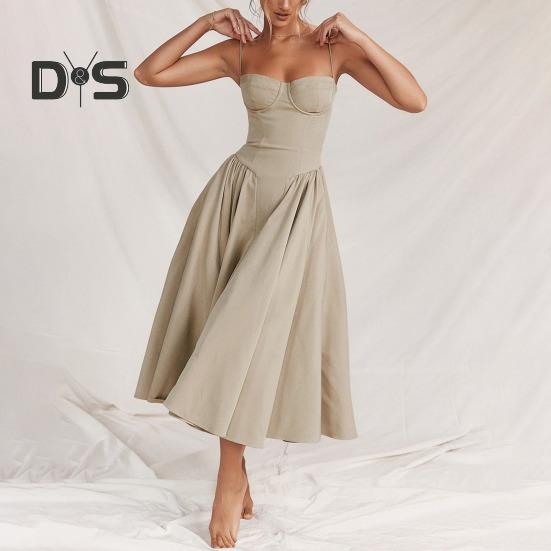 Женское платье с глубоким вырезом на тонких бретельках и открытой спиной без рукавов А-силуэта, большие качели, чистый цвет, тонкая талия, плиссированное платье миди для коктейльной вечеринки, выпускного вечера