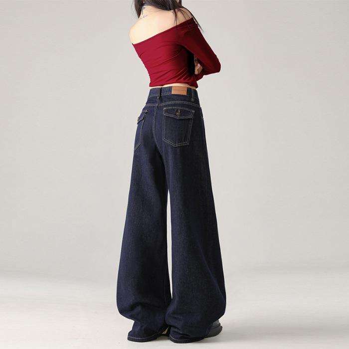 Retro dark blue wide-leg jeans women's autumn high waist loose and thin retro lazy drape floor pants