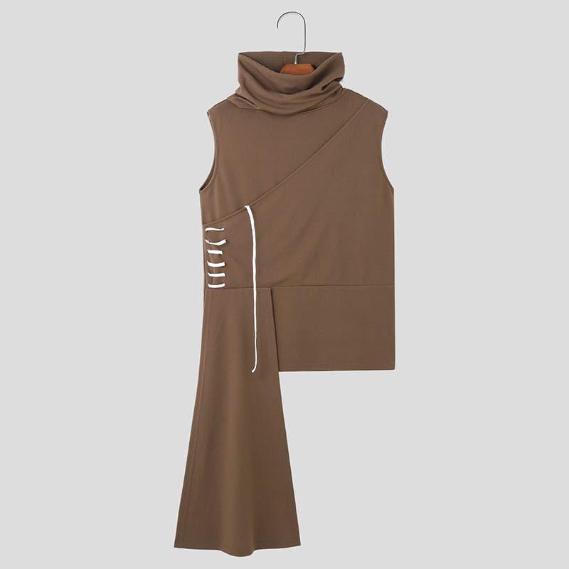 INCERUN Men High Cowl Neck Irregular Stitching Sleeveless T-shirt Casual Ruffled Tops