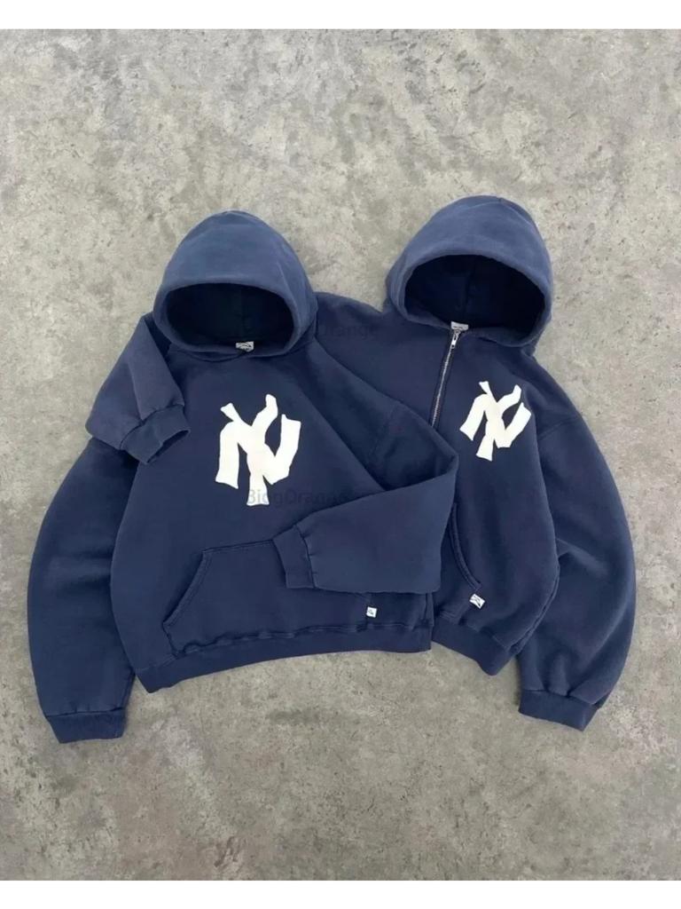 ZYLLO Харадзюку Ретро Новая Печать Цветок Раскрывающийся Свитер С Капюшоном Y2K Уличный Хип-Хоп Повседневный Свободный Свитшот Парный Топ