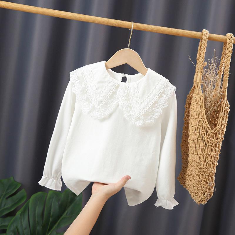 Нижняя рубашка для девочек, весенне-осенняя детская модная футболка белого цвета с тонкими лацканами и длинными рукавами