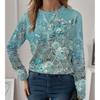 Round Neck 3D Flower Printed Top Casual Long Sleeved Women's T-shirts - Soft Medium Stretch Polyester Fabric Spring and Autumn Relaxed Fit Clothing