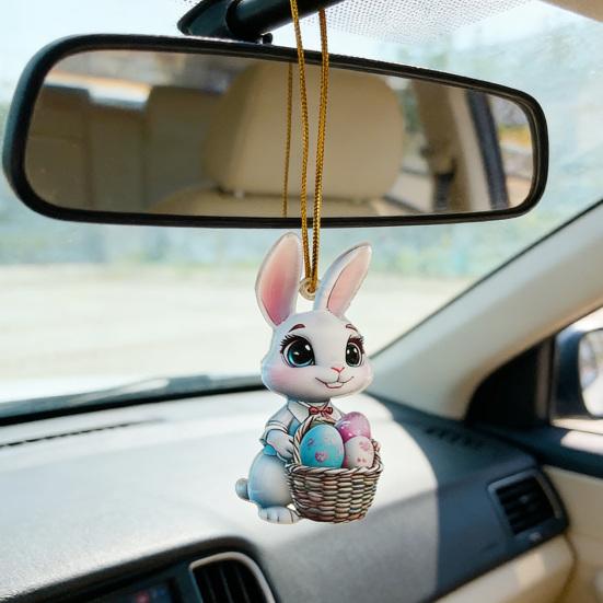 Easter Bunny Ornament 2D Flat Acrylic Bunny Car Rearview Mirror Charm Cartoon Bunny Egg Hanging
