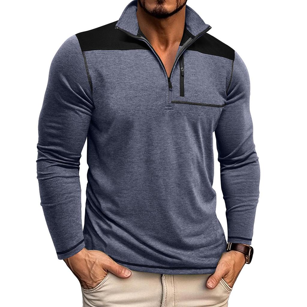 Мужские топы с воротником-стойкой, длинными рукавами, футболки контрастных цветов, свитшоты с застежкой-молнией и нагрудным карманом, повседневная спортивная одежда на осень и весну