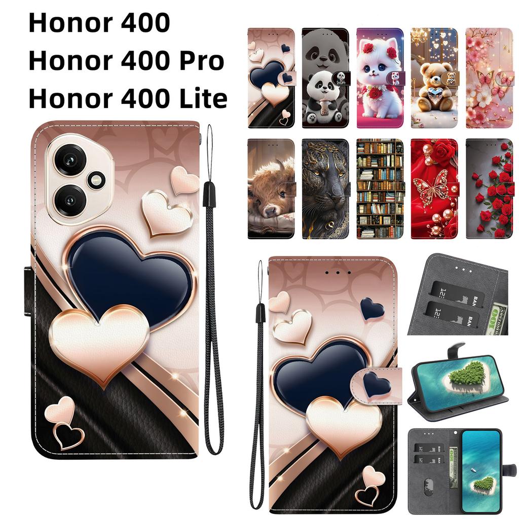 Чехол-книжка из искусственной кожи ручной работы для Honor 400/Honor 400 Pro/Honor 400 Lite Lite, противоскользящий, противоударный чехол с ремешком на запястье и дизайном в виде сердца/розы/кошки
