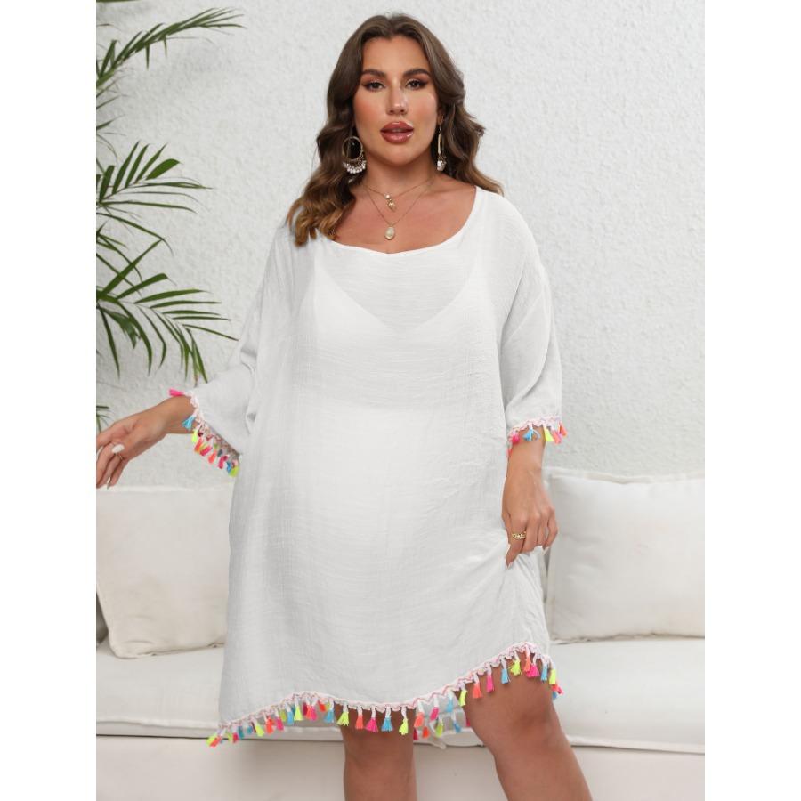 Белое, черное абрикосовое женское платье большого размера с кисточками в стиле пэчворк с разрезом на шее, сексуальное пляжное бикини с открытой спиной и завязками, накидки, платья