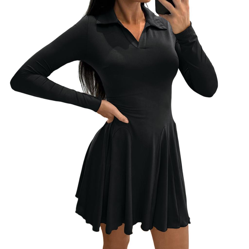 Women's Fashion Casual Long-sleeved Ruffled Short A-line Pleated Dress