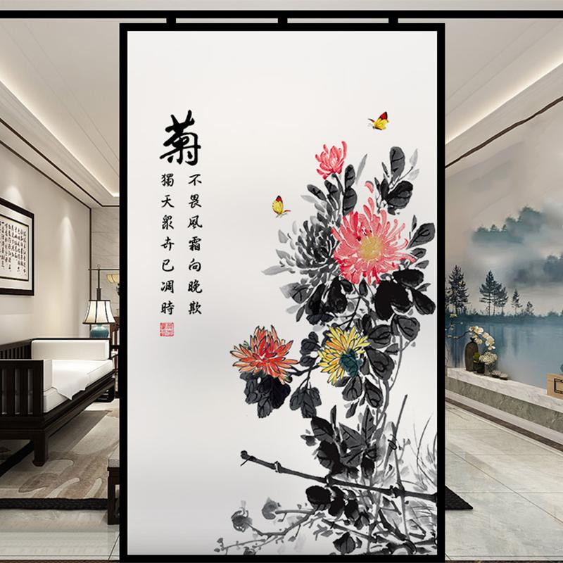 Chinese Ink Bamboo Orchid Flower Painting Glass Film Privacy Windows Film Static Cling Home Decor Stained Window Stickers