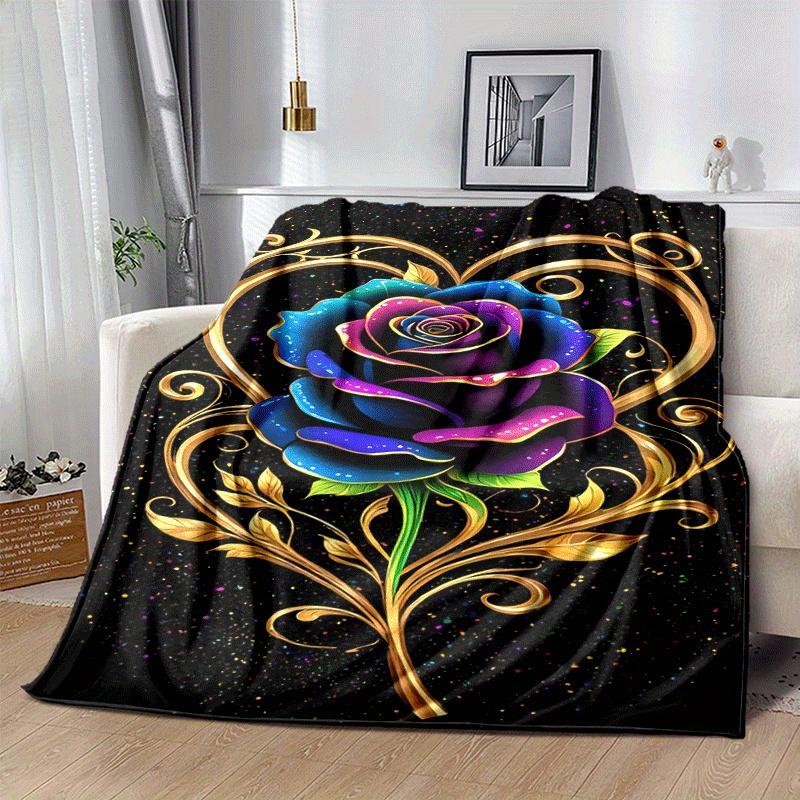 1pc Rose Printing Lightweight Flannel Blanket, Comfortable and Warm Blanket, for Camping Sofa Bed and Couch Office, Suitable for Gift Blanket