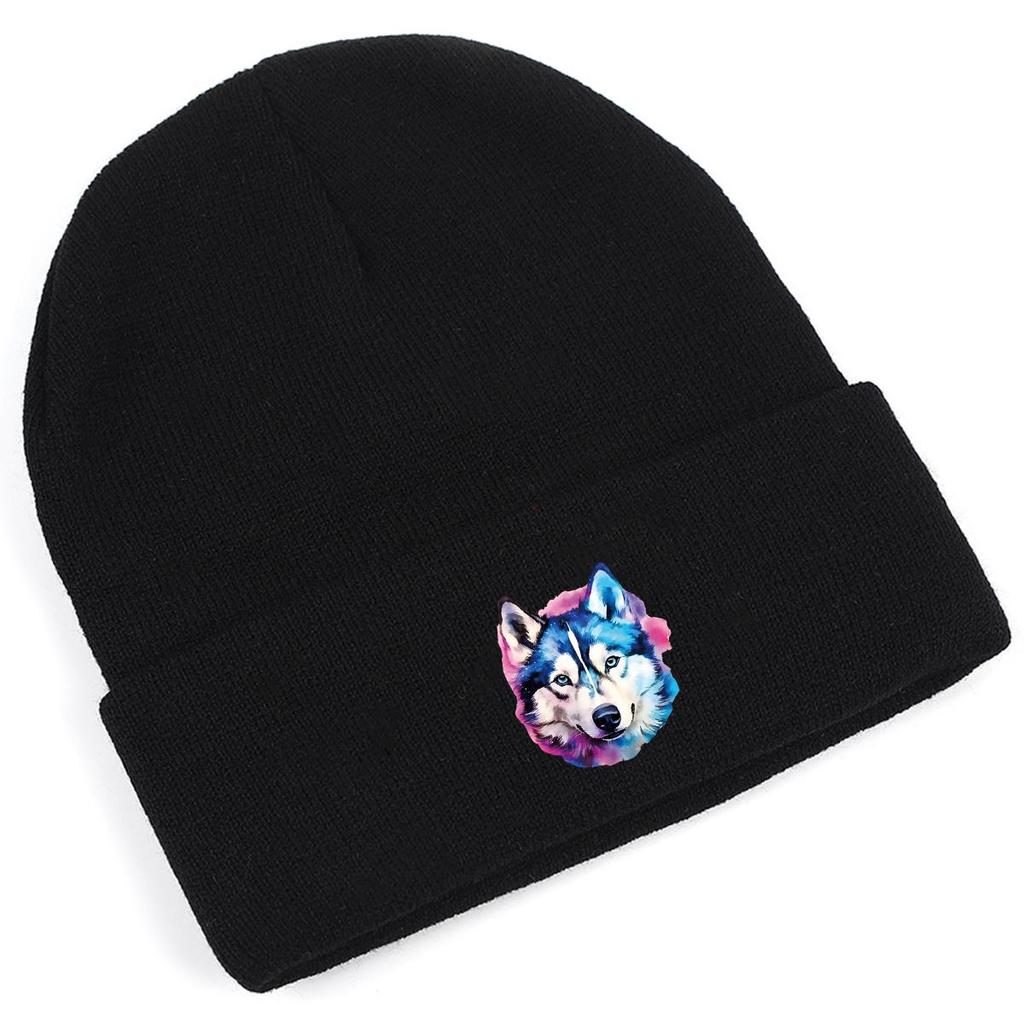Vivid Wolf Head Print Knitted Hat Beanie,Husky Dog Skullies Soft Hip Hop Versatile Thermal Knit Cap Beanie