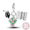 925 Silver Graduation Charms Bachelor Hat Beads Pendants Fit Bracelet DIY Jewelry Gift for Ceremony