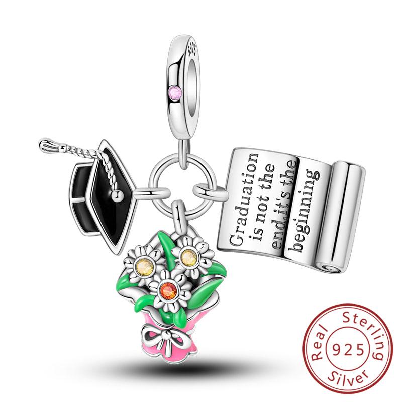 925 Silver Graduation Charms Bachelor Hat Beads Pendants Fit Bracelet DIY Jewelry Gift for Ceremony