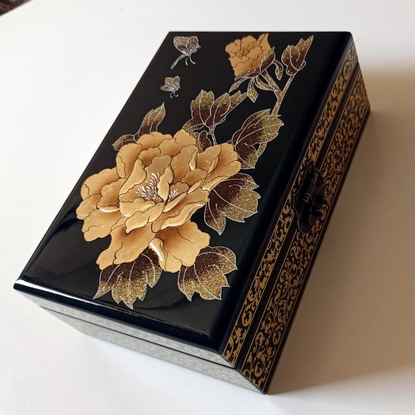 Деревянная лакированная шкатулка для хранения украшений, расписанная вручную шкатулка для украшений, двухслойная шкатулка для украшений