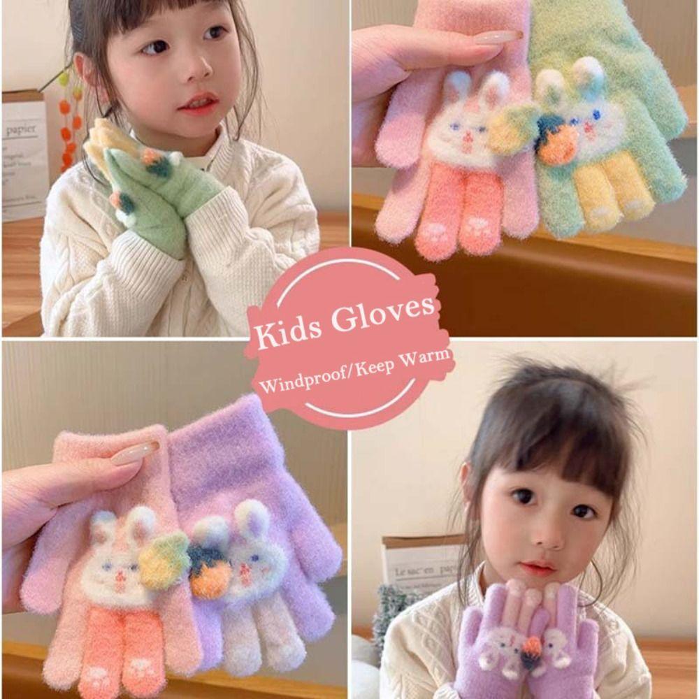 Plush Children Full Fingers Gloves Cartoon Rabbit Windproof Gloves Kawaii Kids Knitted Gloves