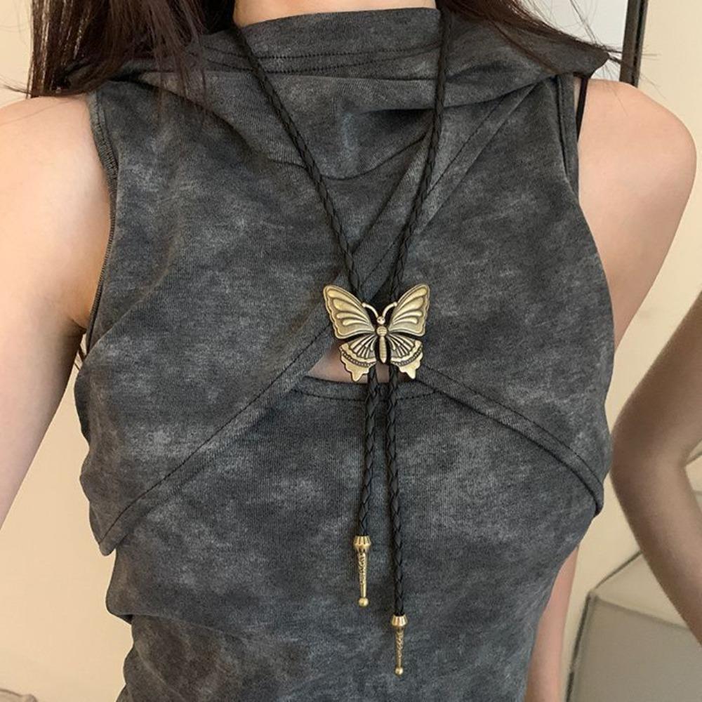 PU Woven Five-pointed Star Bolo Tie Boho Bronze Butterfly Choker Turquoise Feather Necklace Women