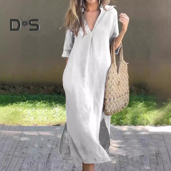 Summer Dress Three-quarter Sleeves Side Slit Loose V Neck Midi Dress with Pockets Solid Color Pleated Pullover Calf Length Casual Dress