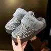 Женские тапочки на платформе с пайетками, домашние туфли на плоской подошве из хлопка, зимняя мода 2025 года, короткие плюшевые теплые шлепанцы с открытой пяткой, Zapatillas Mujer