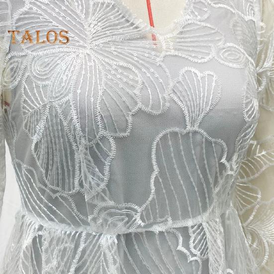 Женское вечернее платье с глубоким V-образным вырезом, кружевным цветочным узором, макси-платье А-силуэта, с длинными рукавами-фонариками, с высокой талией, плиссированное бальное платье для выпускного вечера