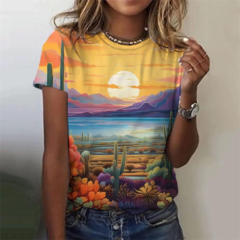 Summer Round Neck 3D Natural Scenery Printed Top Fashionable Casual Sunset Plants Pattern Short Sleeved Women's T-shirts