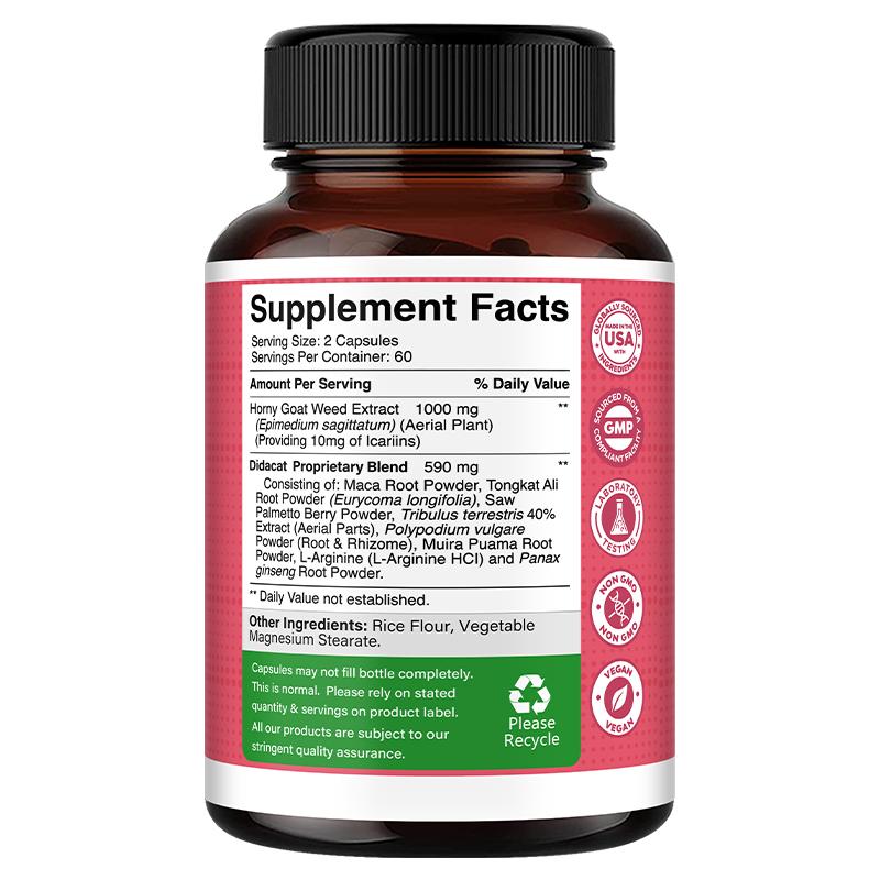 Didacat Women's Wellness Blend Supplement with Horny Goat Weed, Maca, Tongkat Ali & Tribulus, 120 Caps