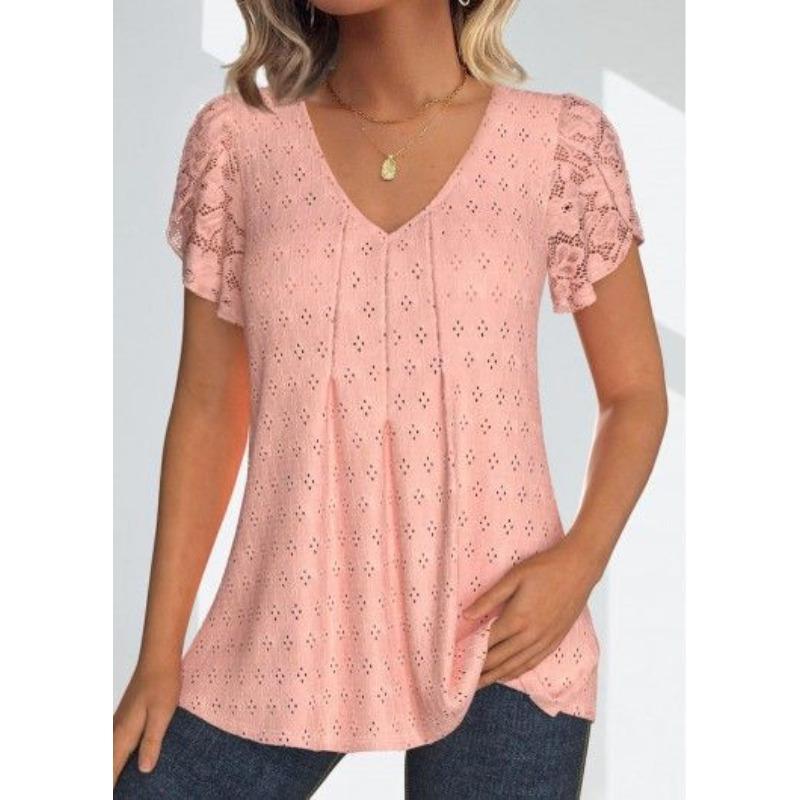 Летняя однотонная кружевная повседневная футболка с v-образным вырезом и коротким рукавом для женщин