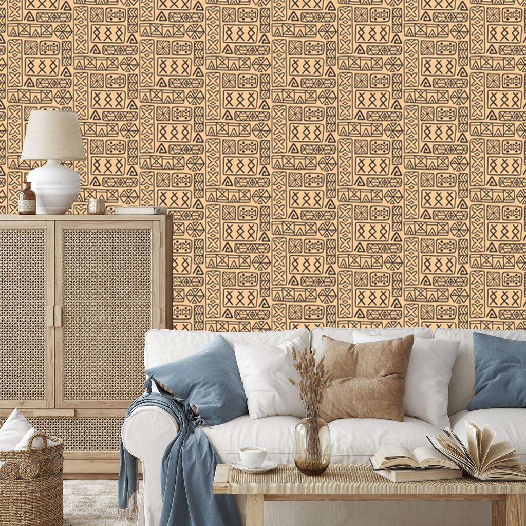 Polynesian Geometric Pattern Wallpaper Gold and Brown 50x1000