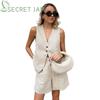 Secret Jam Women Vinatge Fashion Shorts Set Solid White Sleeveless Vest+Pockets Pants Female Two Pieces Set