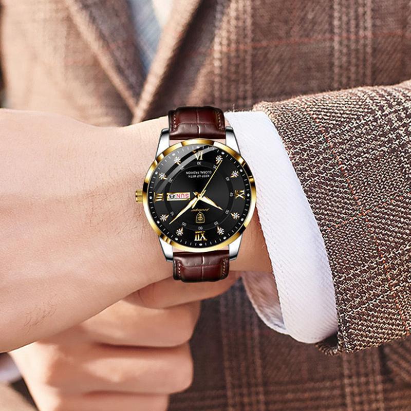 2022 Лучшие новые модные мужские часы, светящиеся водонепроницаемые тонкие часы с двойным календарем, кожаные мужские автоматические часы с бриллиантами