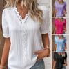 Women Top Solid Color Hollow Out Short Sleeve V-neck Shirring Daily