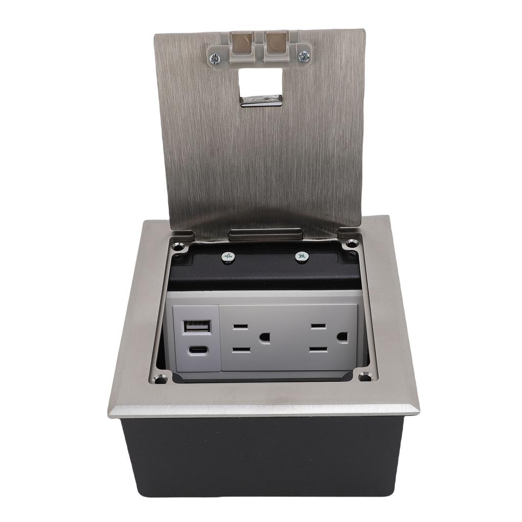 Встраиваемая напольная розетка 2 X 3-контактная и порт USB A USB C Серебристая Водонепроницаемая из нержавеющей стали Скрытая напольная розетка