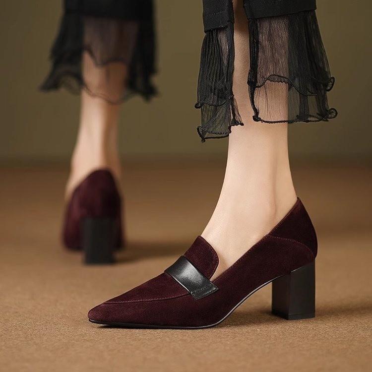 2024 Весна/Осень Женские Мокасины Острый Носок Высокий Каблук Из Овечьей Замши Кожа Женские Туфли На Массивном Каблуке Ретро Черные Туфли Для Женщин