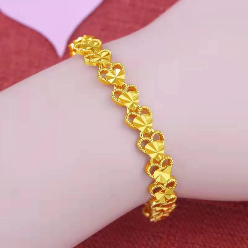 Delicate Love Heart Golden Bracelet Alloy Flower Hollow Bracelet Ornaments Hand Chain Chinese Style Bangles Ladies