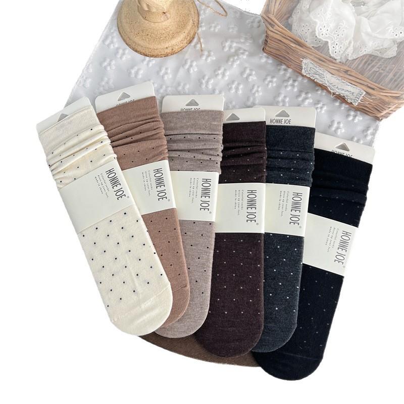 Женские шерстяные носки до середины икры в белый горошек, универсальные, осенне-зимние, дышащие и теплые длинные носки