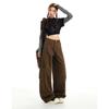 Army green casual high-waisted tooling jeans women's 1116 spring new thin loose big pocket wide-leg pants cotton