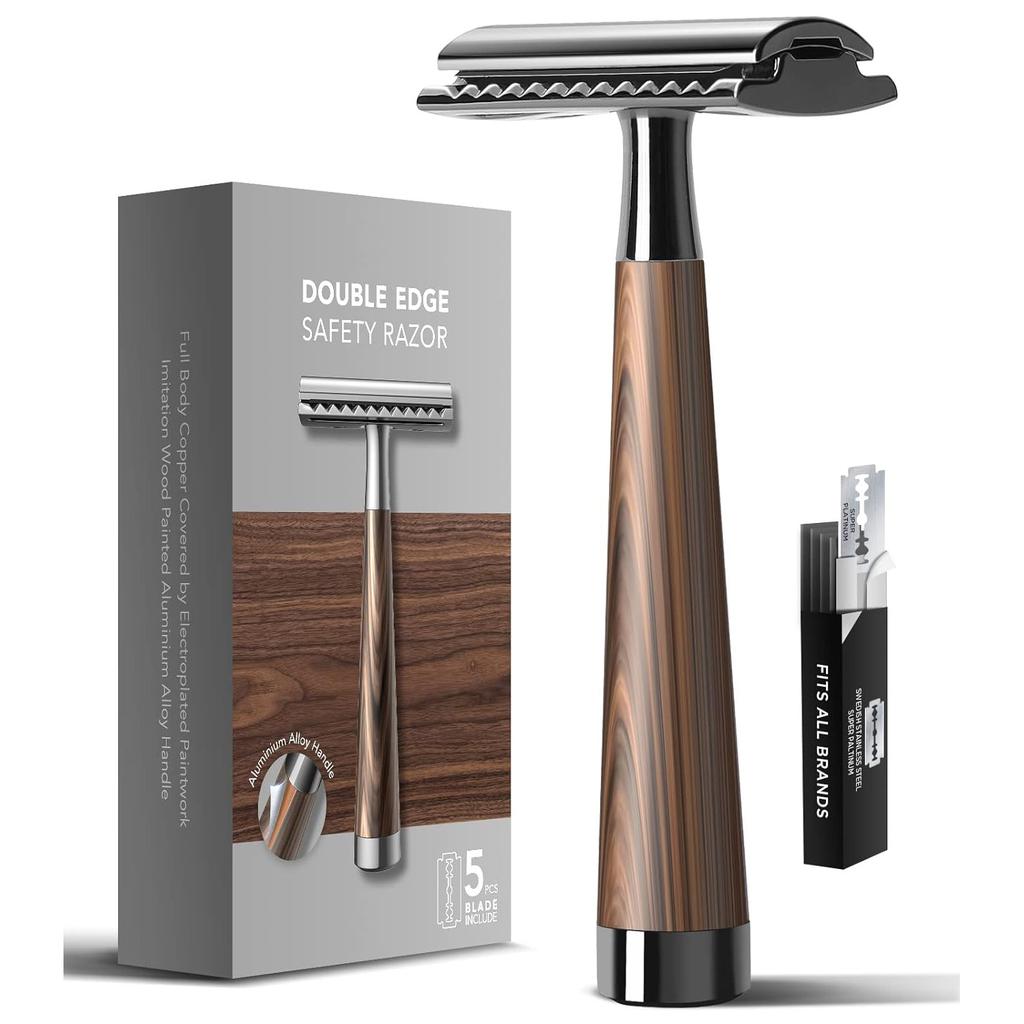 Classic Men's Safety Razor with Wood Grain Handle + 5 Blade Refills - Close Shaving for Wet Shaving Routine, Eco-Friendly Gifts for Men