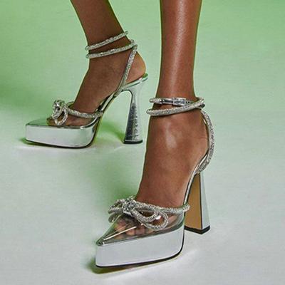 2025 Лето Новые Туфли на Толстом Каблуке с Острым Носком 12 см Высокий Каблук Бант Стразы Водонепроницаемая Платформа