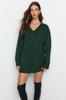 Women's Fashion New Dress Green Super Mini Knitwear Soft Textured V-Neck Tunic Dress