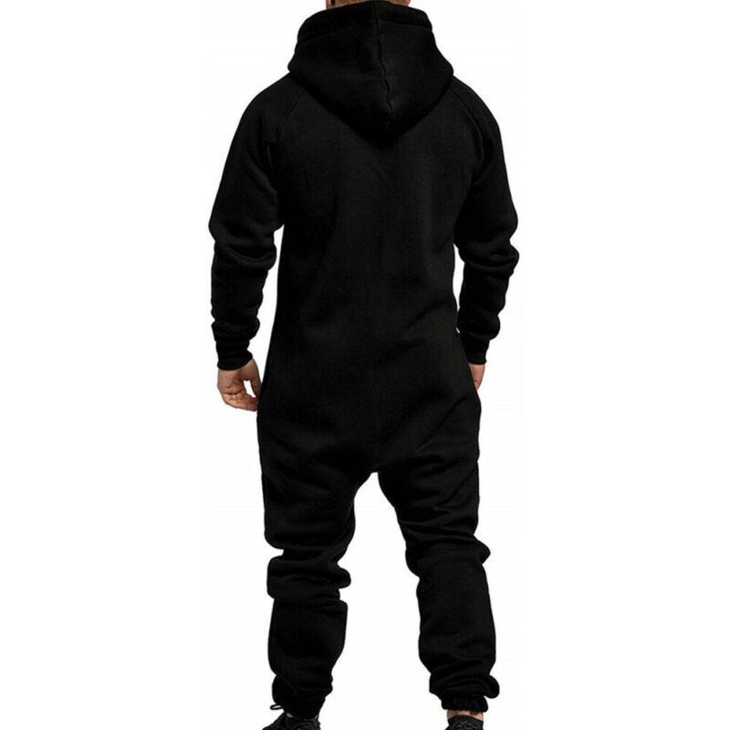 Zipped Up Men One Pieces Hooded Jumpsuit Solid Color Long Sleeve Winter Warm Casual Tracksuit