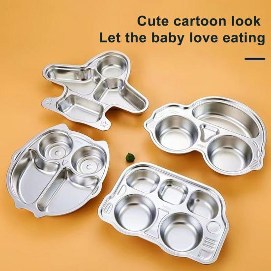 Обеденная тарелка из нержавеющей стали для детей, мультяшный дизайн, разделенный поднос, пищевой безопасный, прочный детский отсек, сервировочные блюда для закусок
