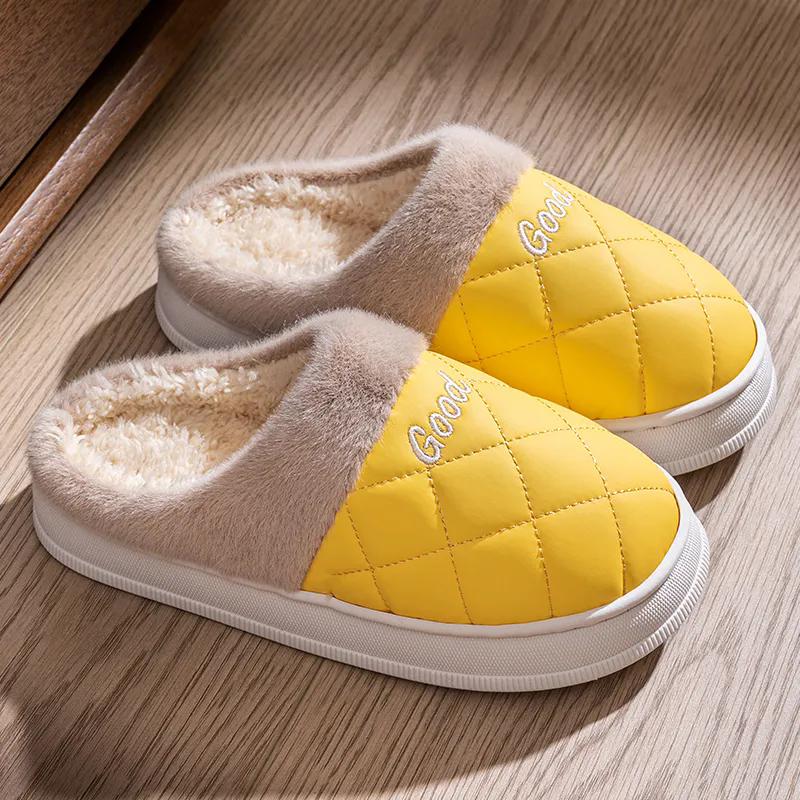 WTEMPO Женские и мужские уличные домашние спальные туфли на плоской подошве с нескользящей подошвой, большие размеры, тапочки из искусственной кожи для пар, зимние теплые плюшевые тапочки