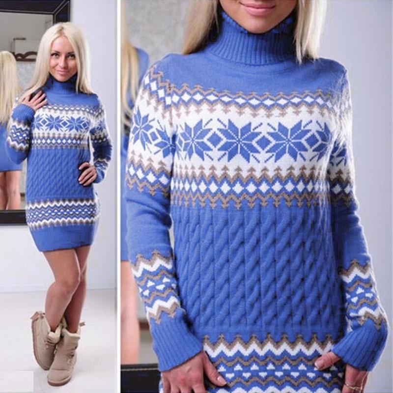 Elegant Christmas Woman Turtleneck Sweater Dress With Festive Snowflake Pattern