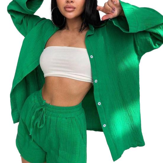 2 шт./компл., женская рубашка, шорты, комплект, однобортный однобортный комплект с высокой талией и длинными рукавами, свободный шнурок, эластичная резинка на талии, однотонный женский наряд