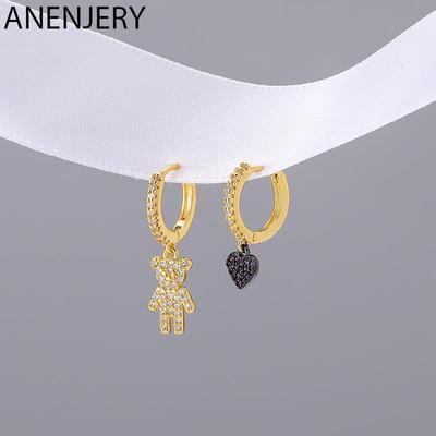 Серьги-кольца из микроциркона с медведем и сердечком женские милые легкие роскошные асимметричные украшения ручной работы
