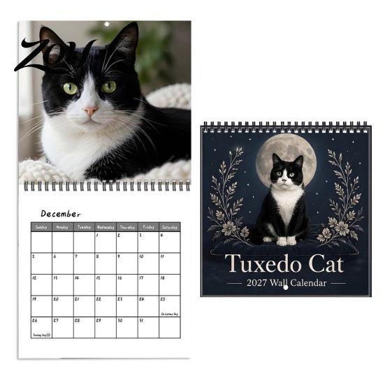 12 Month Office Planner Tuxedo Cats 2027 Wall Calendar, Black And White Cat Photography Spiral Bound Planning Calendar Monthly Hanging for Lovers,