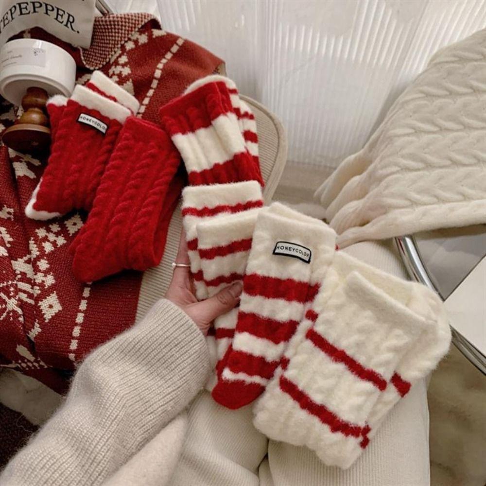 Thicken Mink Velvet Socks Autumn Winter Red Stripe Socks New Thermal Sleep Sock