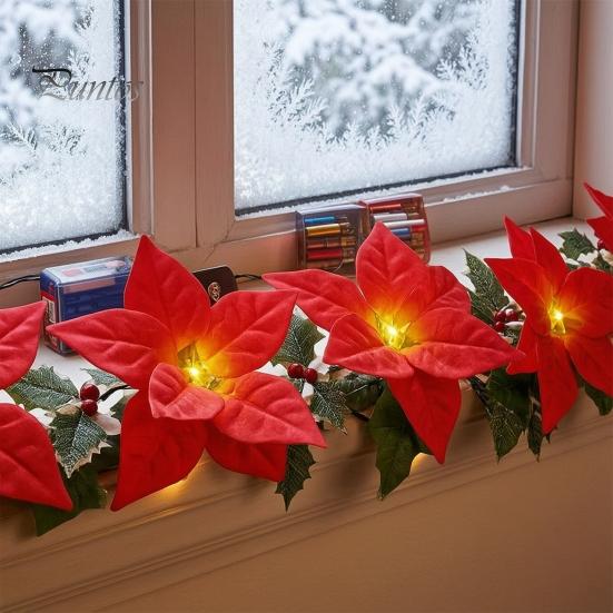 Red Flower Hanging Lights Christmas Poinsettia String Lights, 200/300cm Green Floral Garland, Battery/USB Fireplace Garland Lighting Operated