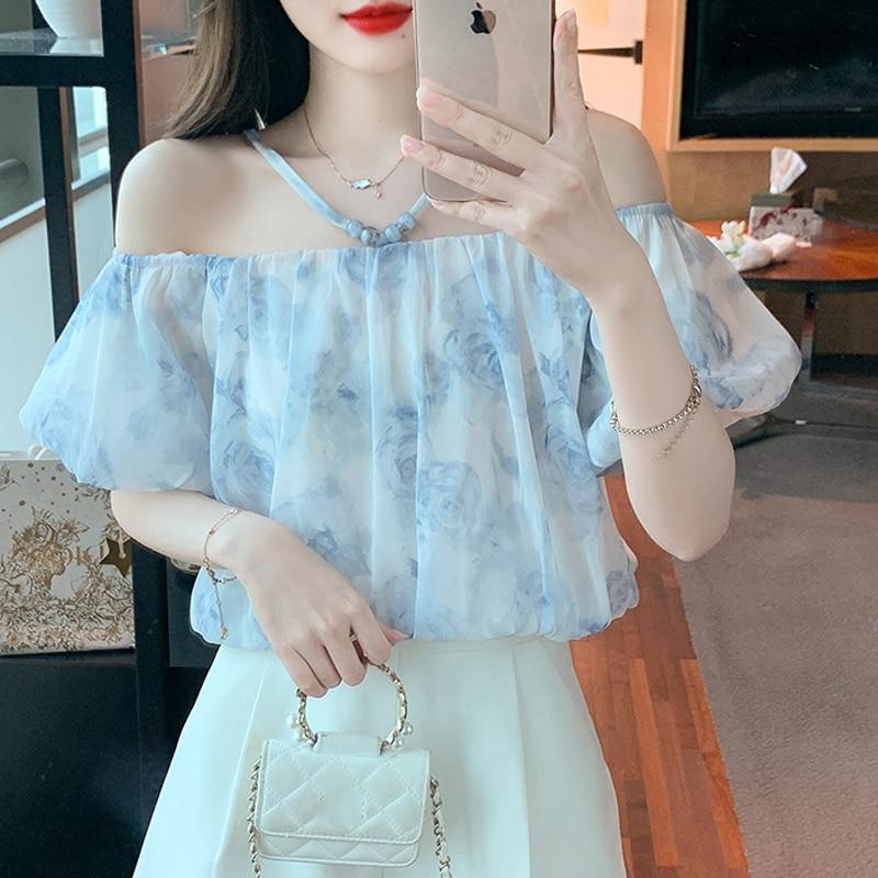 Милая рубашка с открытыми плечами, женские свободные топы, элегантная летняя блузка с короткими рукавами и цветочным принтом, женская новая повседневная одежда 27415