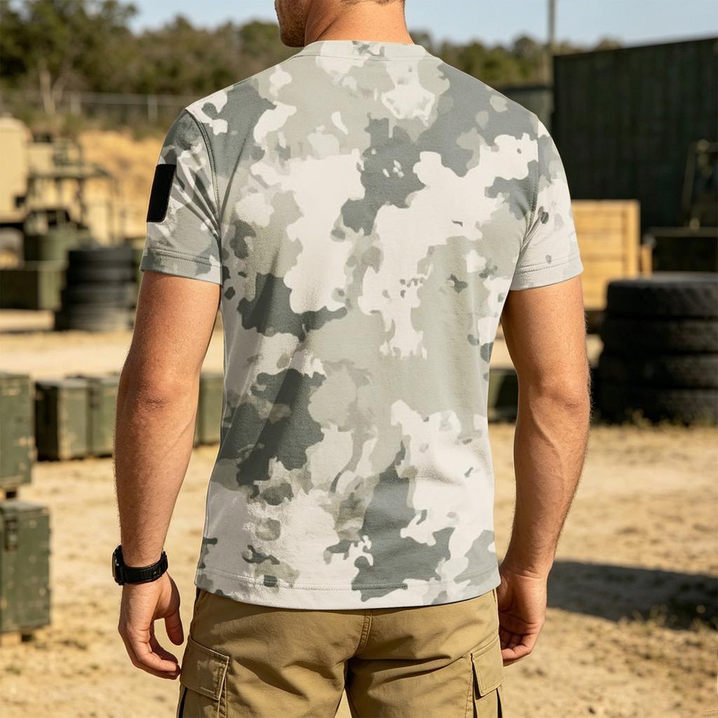 Men Tactical Camouflage Pattern Crew Neck Loose Fit Short Sleeve Outdoor Quick Dry T Shirt with Velcro Patch Panel