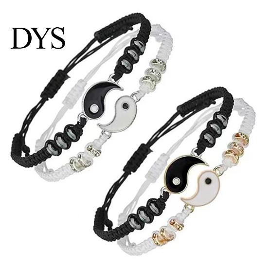 Vintage Bracelets 2Pcs Couple 2 Matching Yin Yang Hand Knitted Unisex Men Women Shiny Rhinestones Adjustable for Valentines Day Tai Chi